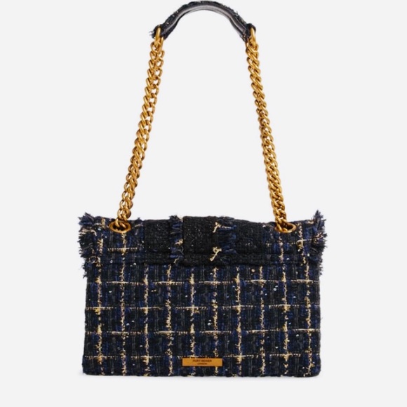 KURT GEIGER NAVY & BLACK EMBELLISHED with Gold Accent Tweed Handbag - Gold Chain - Picture 4 of 16